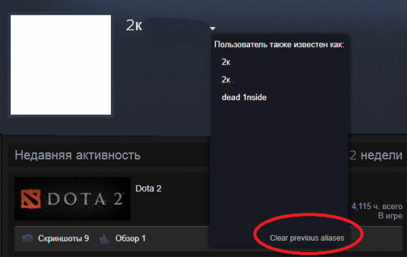 как убрать историю ников в steam